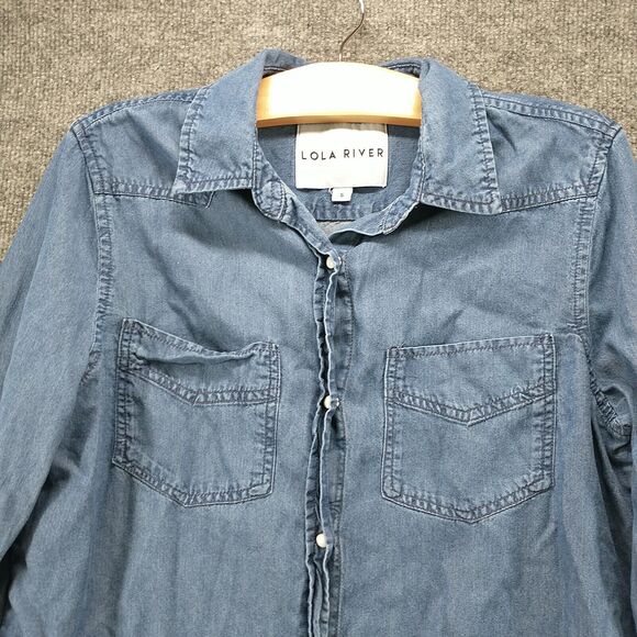 Lola River Women's Button Front Shirt Blue Small Chambray Long Sleeve Pocket - Picture 3 of 12